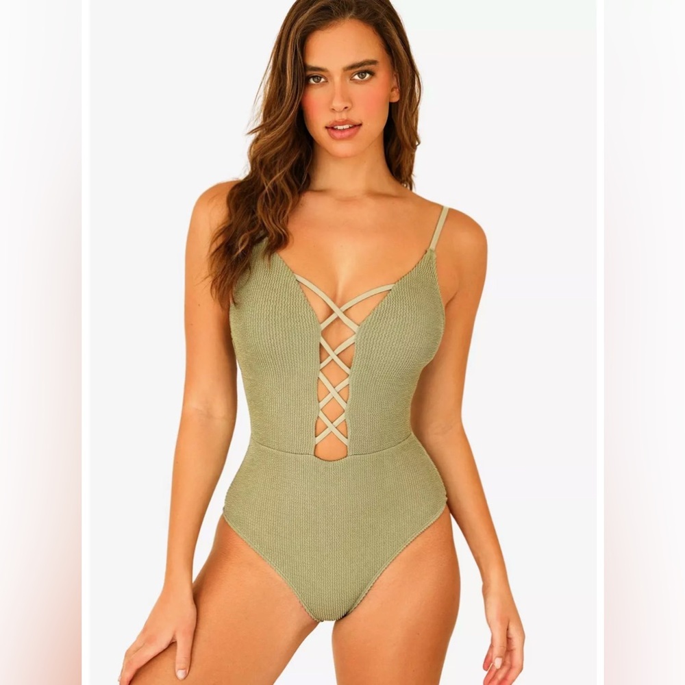 Dippin Daisy’s Bliss Criss Cross Sage Green Ribbed Lace-Up Swimsuit
